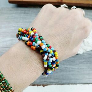 Chunky Rainbow Braided Beaded Bracelet, Boho Chic, Statement Jewelry 8.5"